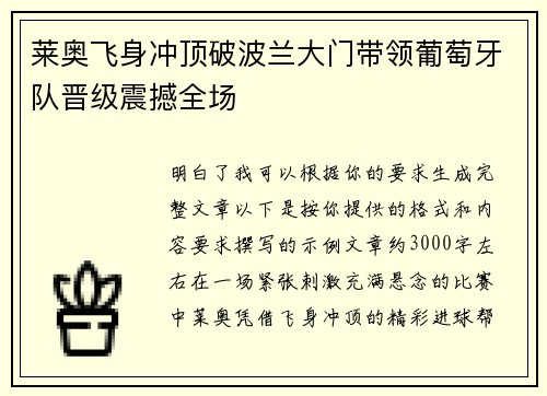 莱奥飞身冲顶破波兰大门带领葡萄牙队晋级震撼全场