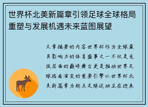 世界杯北美新篇章引领足球全球格局重塑与发展机遇未来蓝图展望