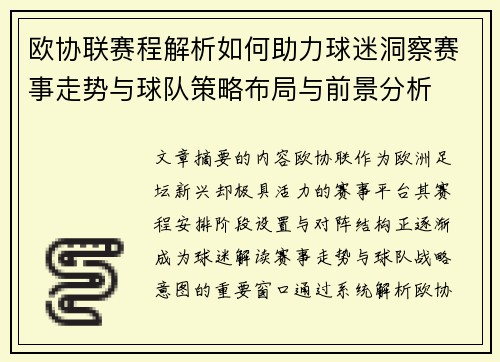 欧协联赛程解析如何助力球迷洞察赛事走势与球队策略布局与前景分析